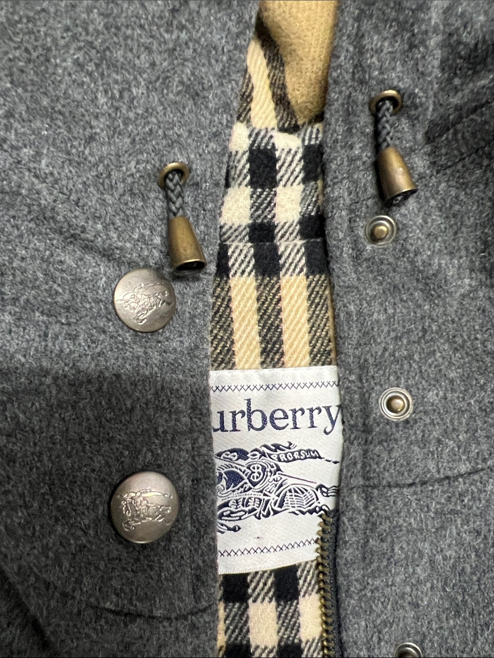 Burberry Gray Wool Pea Coat with Beige Check Lining - Picture 7 of 10